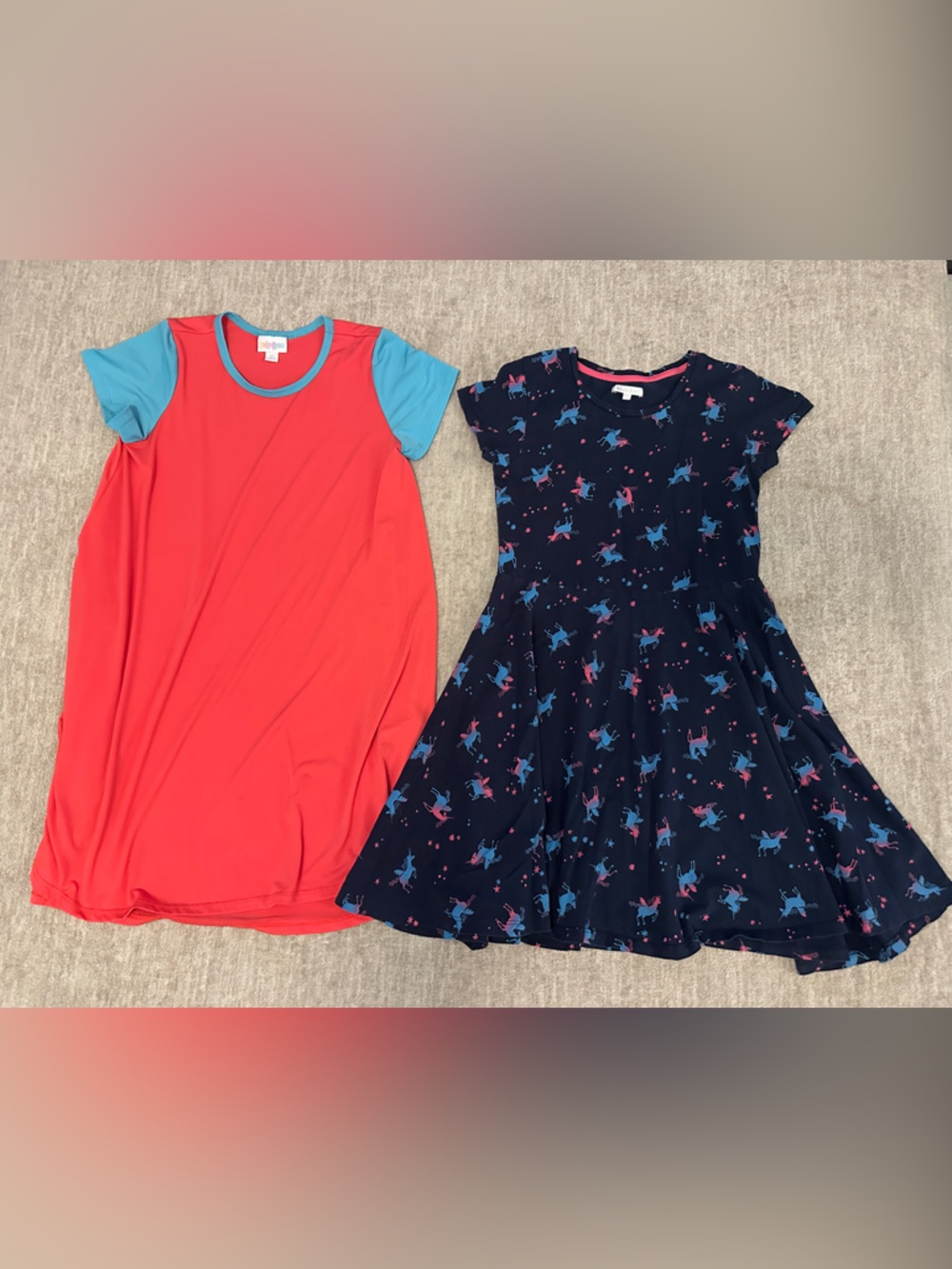 LLR Coral & Aqua Colorblock Tee Dress + Navy Unicorn Print Dress size 11/12